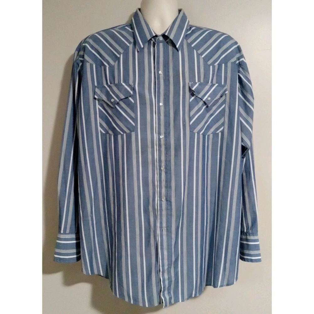 ely cattleman Blue Tan White Striped pearl snap Western Shirt Size XXL
